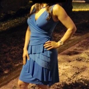 New York & Co. Blue Sleeveless Wrap Dress with Ruffles and Tieback Size Medium